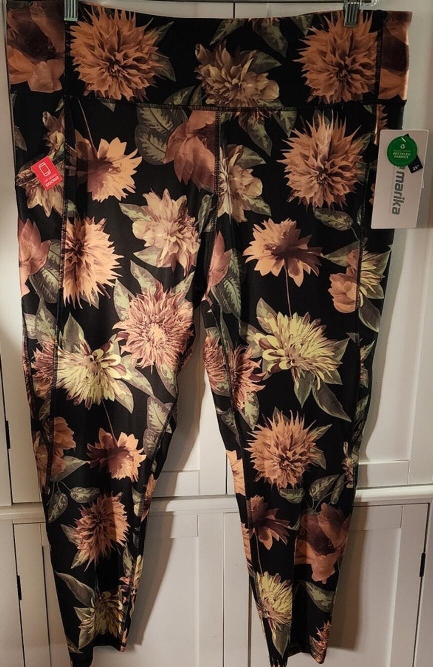 Marika Ankle Workout Yoga Leggings Black Mixed Peony Plus Size 2X